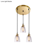 Industrial Aged Brass Dining Room Pendant Light Fixture With Tapered Clear Glass Shades - 3-Light