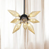 Industrial Amber/Clear Ribbed Glass Pendant Lighting With Starburst Design - 9/12/15 Heads Bedroom