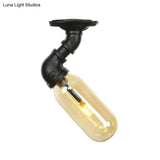 Industrial Amber Glass Semi Flush Mount Light With Pipe Design - Black Capsule Shade Indoor Ceiling
