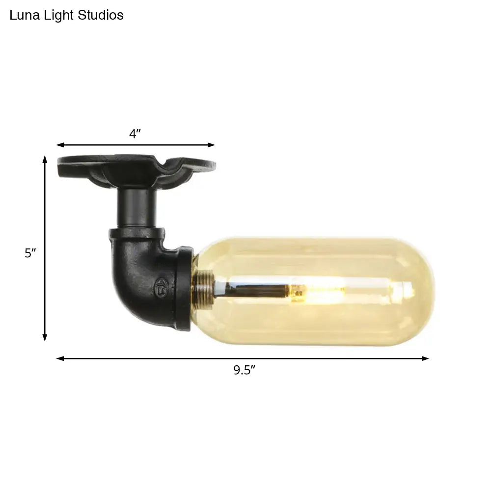 Industrial Amber Glass Semi Flush Mount Light With Pipe Design - Black Capsule Shade Indoor Ceiling