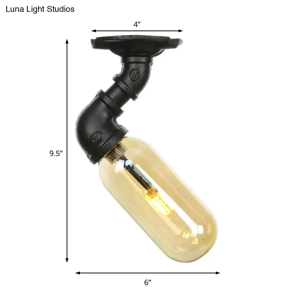 Industrial Amber Glass Semi Flush Mount Light With Pipe Design - Black Capsule Shade Indoor Ceiling