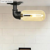 Industrial Amber Glass Semi Flush Mount Light With Pipe Design - Black Capsule Shade Indoor Ceiling
