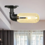 Industrial Amber Glass Semi Flush Mount Light With Pipe Design - Black Capsule Shade Indoor Ceiling