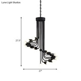 Industrial Angled Arm Ceiling Chandelier With Spiral Iron Design - Black Finish 16/26 Bulbs Perfect
