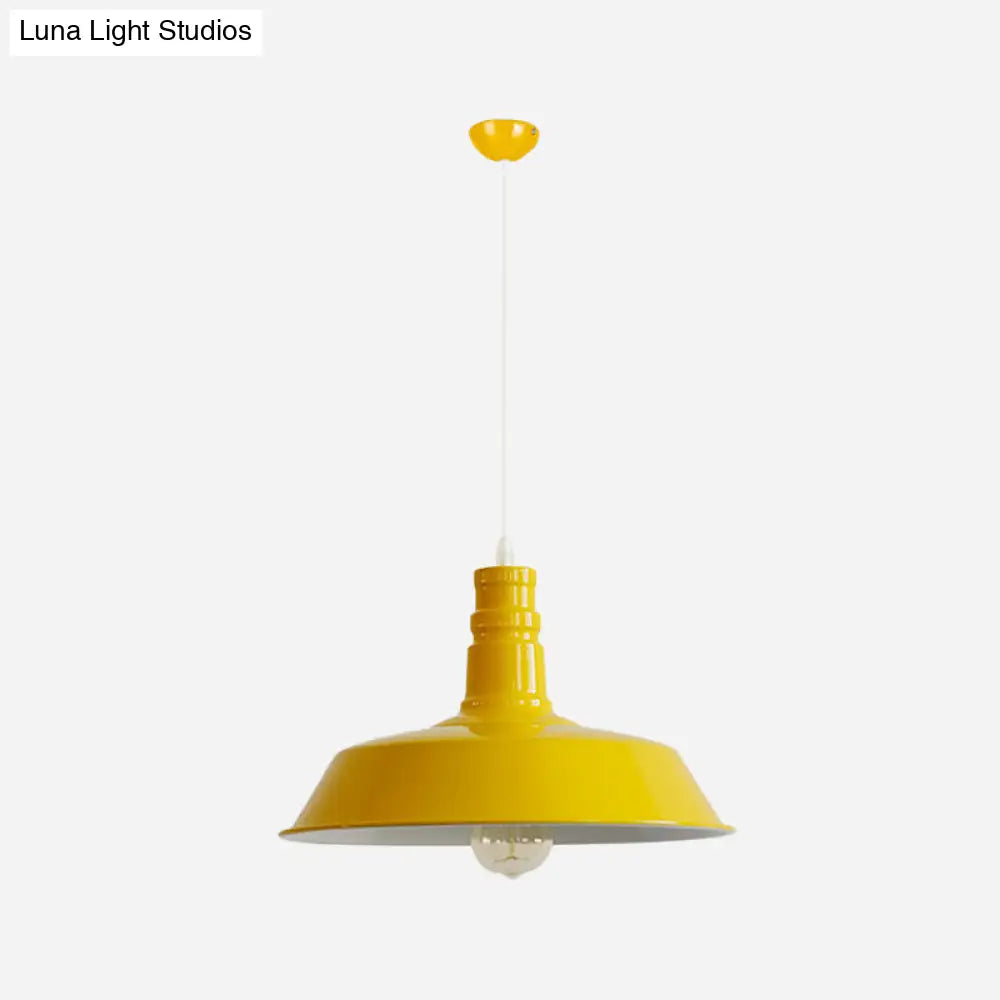 Industrial Barn Shade Pendant Lamp With Rolled-Trim Head - Red/Yellow/White Finish