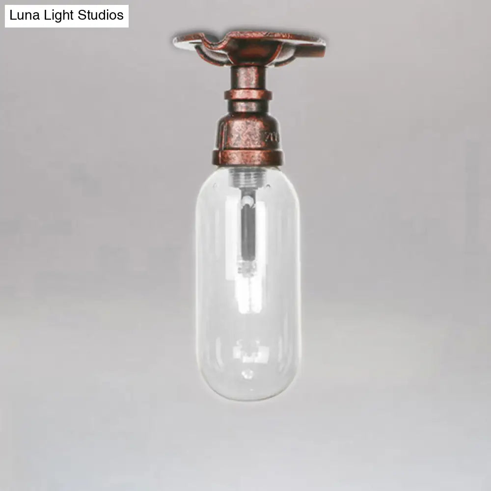 Industrial Bathroom Semi Flush Ceiling Light Fixture With Clear Glass Oval Shade In Weathered