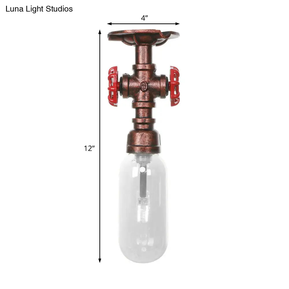 Industrial Bathroom Semi Flush Ceiling Light Fixture With Clear Glass Oval Shade In Weathered