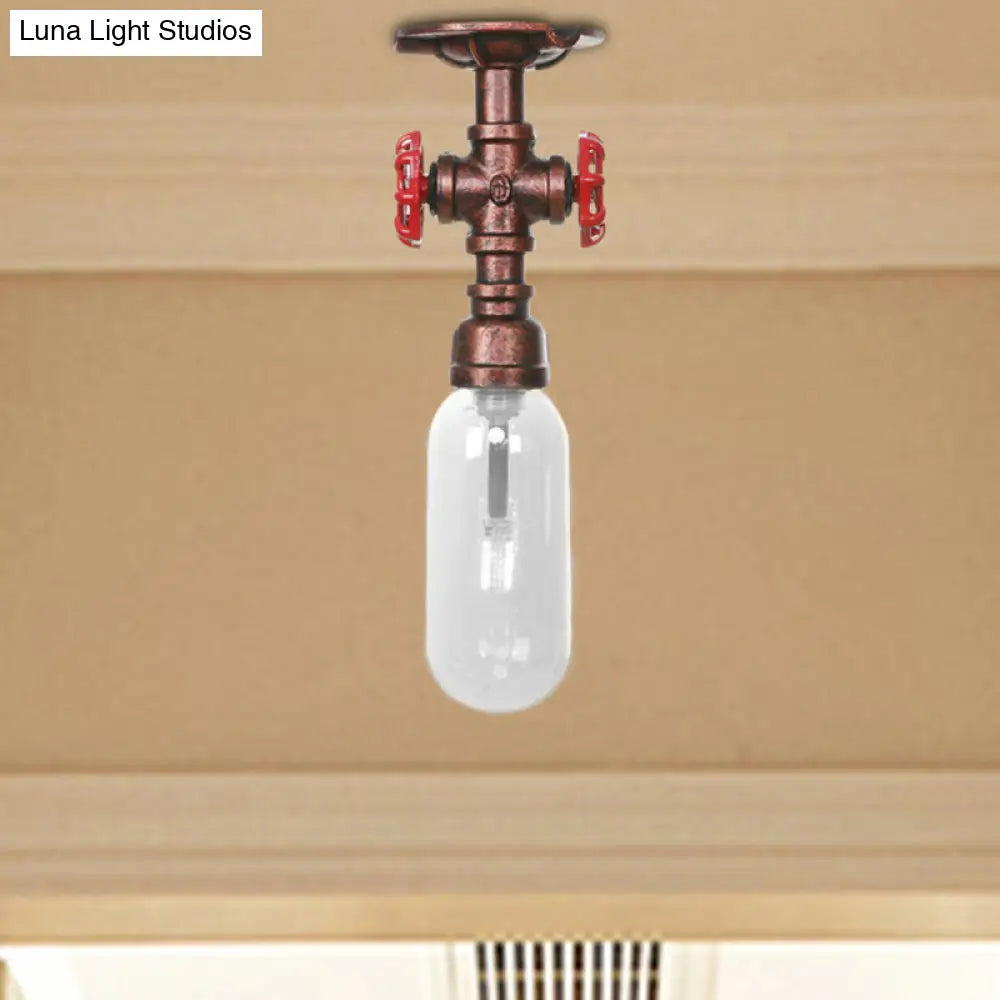 Industrial Bathroom Semi Flush Ceiling Light Fixture With Clear Glass Oval Shade In Weathered