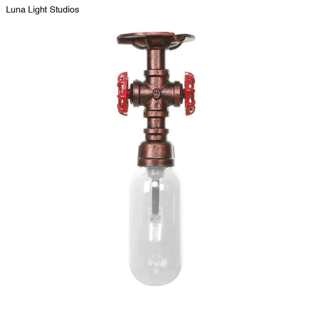 Industrial Bathroom Semi Flush Ceiling Light Fixture With Clear Glass Oval Shade In Weathered