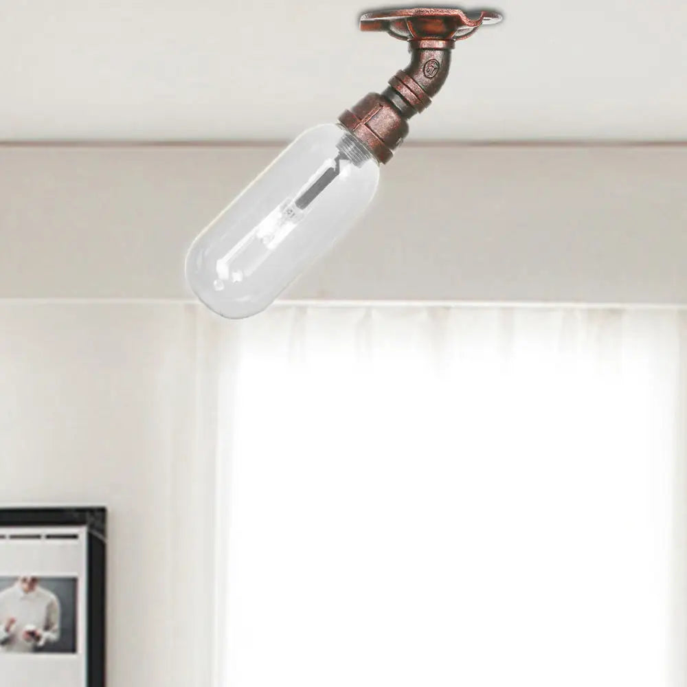 Industrial Bathroom Semi Flush Ceiling Light Fixture With Clear Glass Oval Shade In Weathered