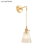 Industrial Bedroom Sconce With Clear Textured Glass Cone Shade - Wall Light Fixture