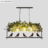 Industrial Birdcage Island Ceiling Light With Plant Decoration 3 Black Metal Hanging Lights