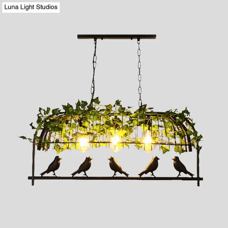 Industrial Birdcage Island Ceiling Light With Plant Decoration 3 Black Metal Hanging Lights