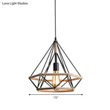 Industrial Bistro Hanging Lamp - Single Bulb Drop Pendant With Diamond Roped Cage In Black