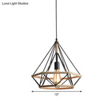 Industrial Bistro Hanging Lamp - Single Bulb Drop Pendant With Diamond Roped Cage In Black