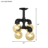 Industrial Black Ball Semi - Flush Ceiling Light - Amber Glass Led Flushmount (4/5/6 - Light)
