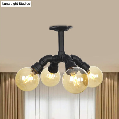 Industrial Black Ball Semi - Flush Ceiling Light - Amber Glass Led Flushmount (4/5/6 - Light)