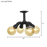 Industrial Black Ball Semi - Flush Ceiling Light - Amber Glass Led Flushmount (4/5/6 - Light)