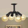 Industrial Black Ball Semi - Flush Ceiling Light - Amber Glass Led Flushmount (4/5/6 - Light) / B