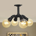 Industrial Black Ball Semi - Flush Ceiling Light - Amber Glass Led Flushmount (4/5/6 - Light) / B