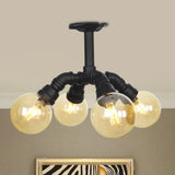 Industrial Black Ball Semi - Flush Ceiling Light - Amber Glass Led Flushmount (4/5/6 - Light) / B
