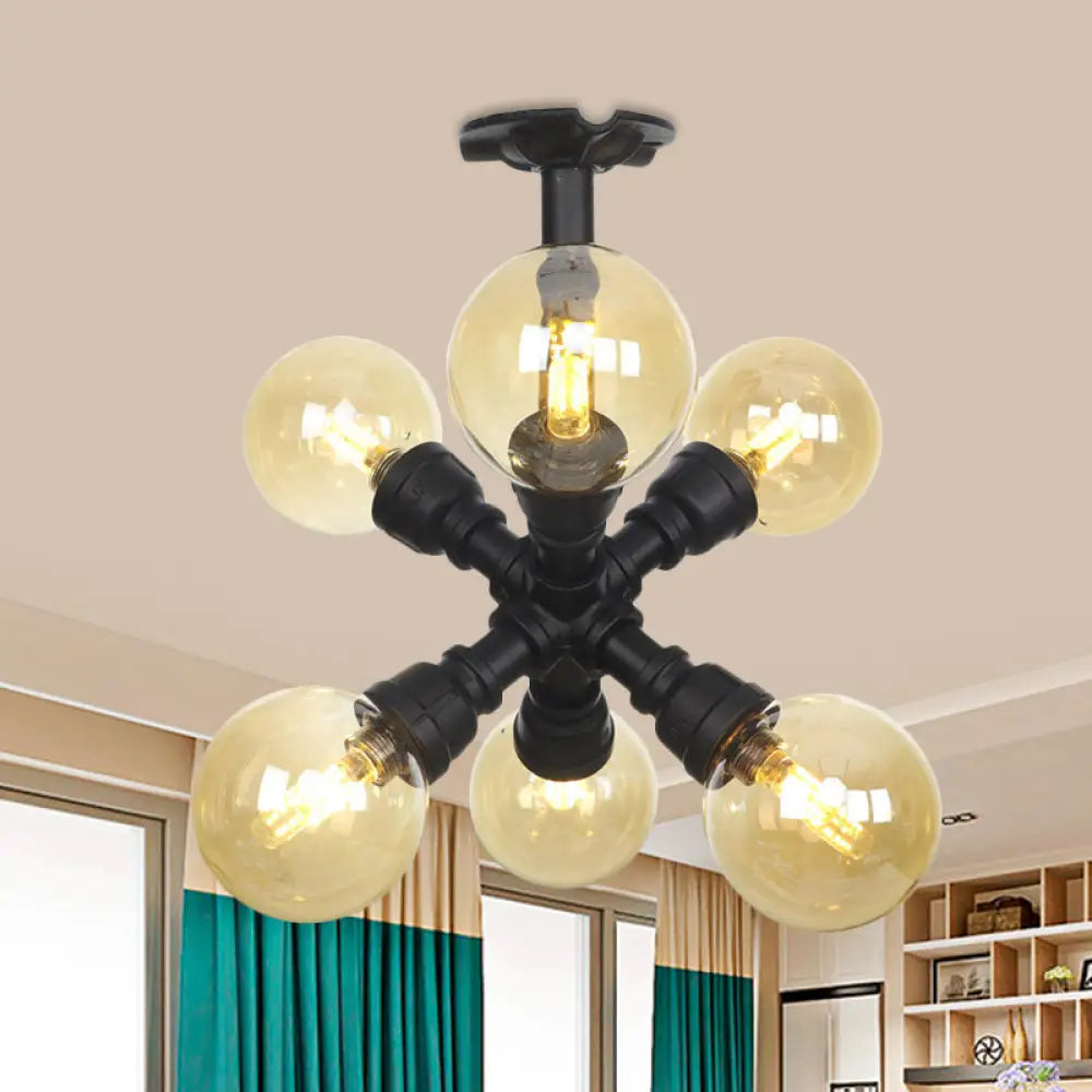 Industrial Black Ball Semi - Flush Ceiling Light - Amber Glass Led Flushmount (4/5/6 - Light) / D