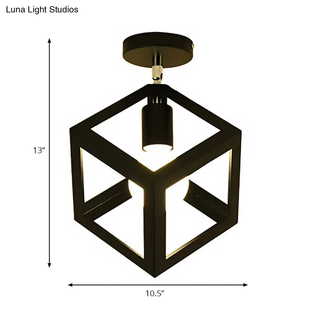 Industrial Black Cage Pendant Light For Corridor Ceiling - Semi Flush Globe/Oval Shape With Iron