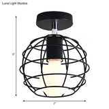 Industrial Black Cage Pendant Light For Corridor Ceiling - Semi Flush Globe/Oval Shape With Iron