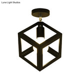 Industrial Black Cage Pendant Light For Corridor Ceiling - Semi Flush Globe/Oval Shape With Iron