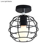 Industrial Black Cage Pendant Light For Corridor Ceiling - Semi Flush Globe/Oval Shape With Iron
