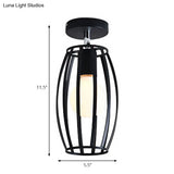 Industrial Black Cage Pendant Light For Corridor Ceiling - Semi Flush Globe/Oval Shape With Iron