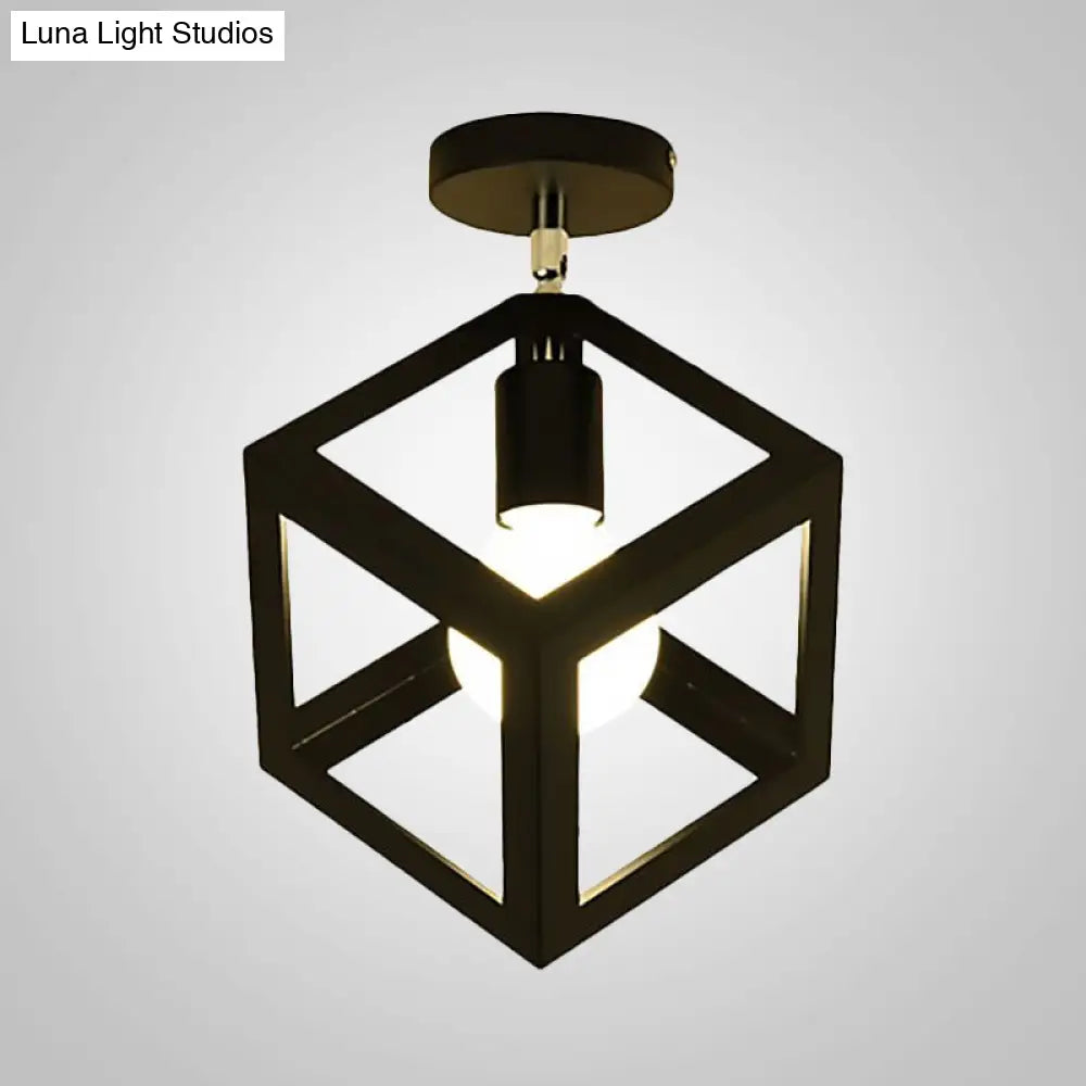 Industrial Black Cage Pendant Light For Corridor Ceiling - Semi Flush Globe/Oval Shape With Iron