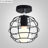 Industrial Black Cage Pendant Light For Corridor Ceiling - Semi Flush Globe/Oval Shape With Iron