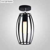 Industrial Black Cage Pendant Light For Corridor Ceiling - Semi Flush Globe/Oval Shape With Iron