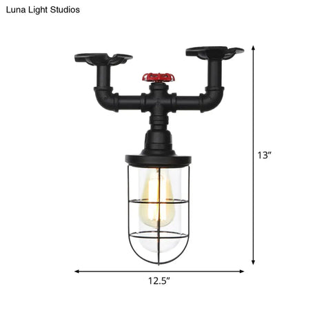 Industrial Black Cage Semi Flush Mount Ceiling Fixture With Clear Glass Valve Decor For Balcony