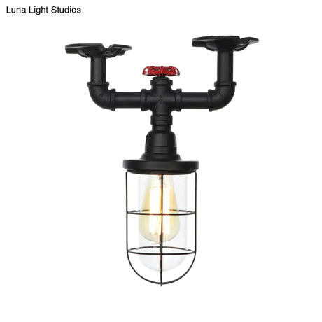 Industrial Black Cage Semi Flush Mount Ceiling Fixture With Clear Glass Valve Decor For Balcony