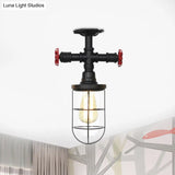 Industrial Black Cage Semi Flush Mount Ceiling Fixture With Clear Glass Valve Decor For Balcony