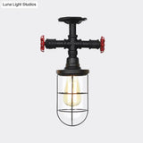 Industrial Black Cage Semi Flush Mount Ceiling Fixture With Clear Glass Valve Decor For Balcony