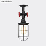 Industrial Black Cage Semi Flush Mount Ceiling Fixture With Clear Glass Valve Decor For Balcony