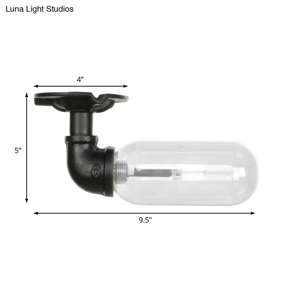 Industrial Black Ceiling Mounted Fixture - Oval Clear Glass Shade Semi Flush Mount With Pipe Design