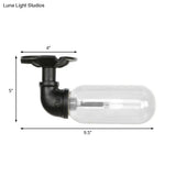 Industrial Black Ceiling Mounted Fixture - Oval Clear Glass Shade Semi Flush Mount With Pipe Design