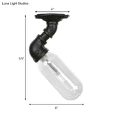 Industrial Black Ceiling Mounted Fixture - Oval Clear Glass Shade Semi Flush Mount With Pipe Design