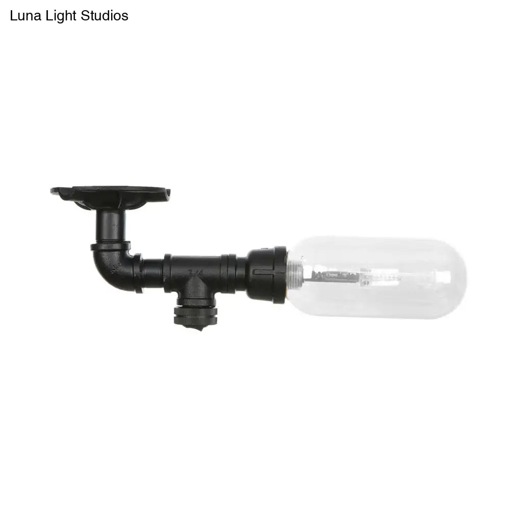 Industrial Black Ceiling Mounted Fixture - Oval Clear Glass Shade Semi Flush Mount With Pipe Design