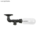 Industrial Black Ceiling Mounted Fixture - Oval Clear Glass Shade Semi Flush Mount With Pipe Design