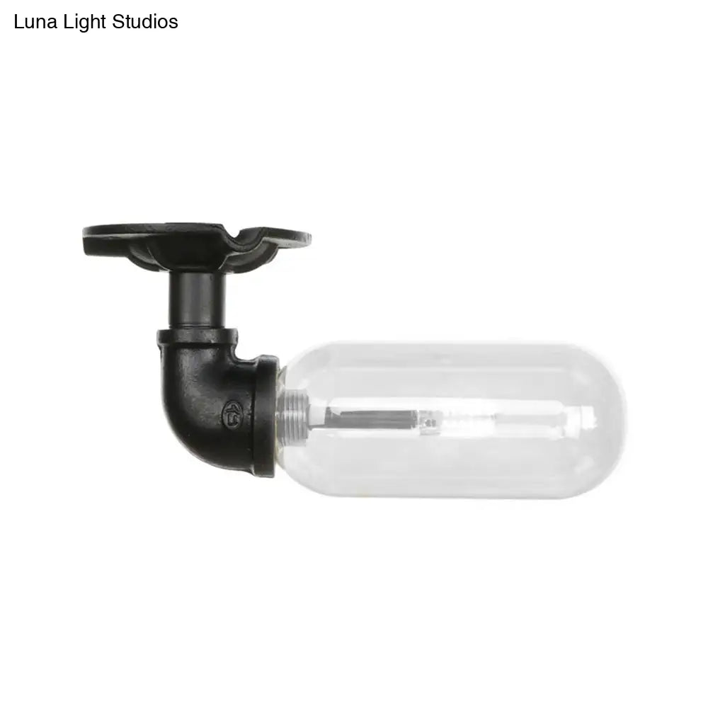 Industrial Black Ceiling Mounted Fixture - Oval Clear Glass Shade Semi Flush Mount With Pipe Design