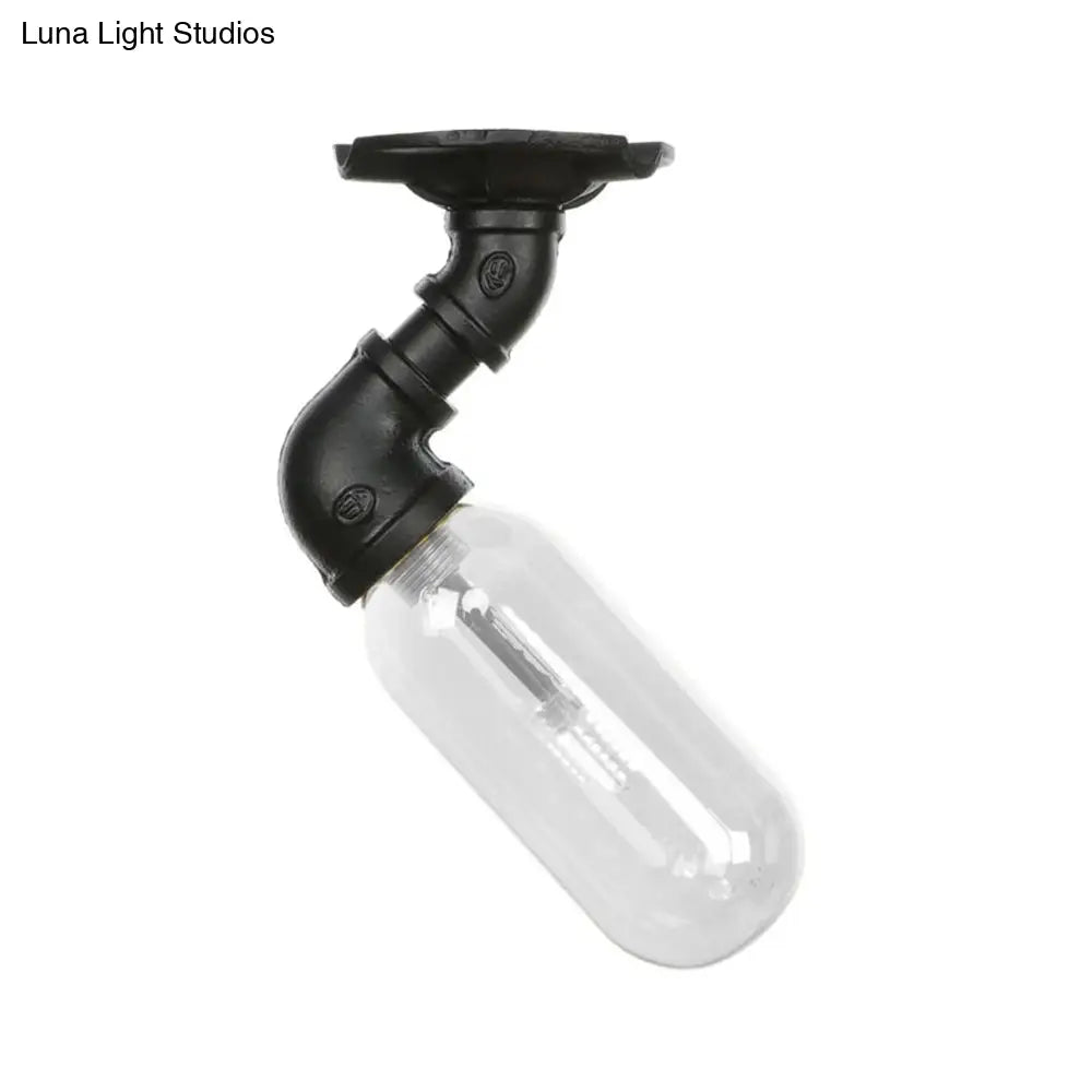 Industrial Black Ceiling Mounted Fixture - Oval Clear Glass Shade Semi Flush Mount With Pipe Design