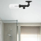 Industrial Black Ceiling Mounted Fixture - Oval Clear Glass Shade Semi Flush Mount With Pipe Design