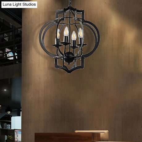 Industrial Black Chandelier Pendant Light With Metal Candle Shade - 4-Bulb Ceiling Lamp For Dining