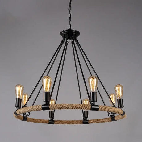 Industrial Black Circle Iron Ceiling Light With Hemp Rope - Ideal For Restaurants 8 / A