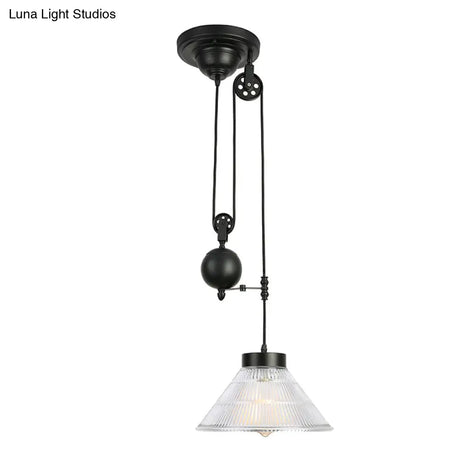 Industrial Black Cone Pendant Lighting With Prismatic Glass - Dining Room Ceiling Fixture